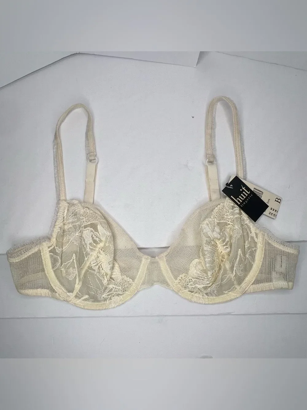 New Huit Cream Lace Mesh Underwire Coquette Bra Sz 36B
